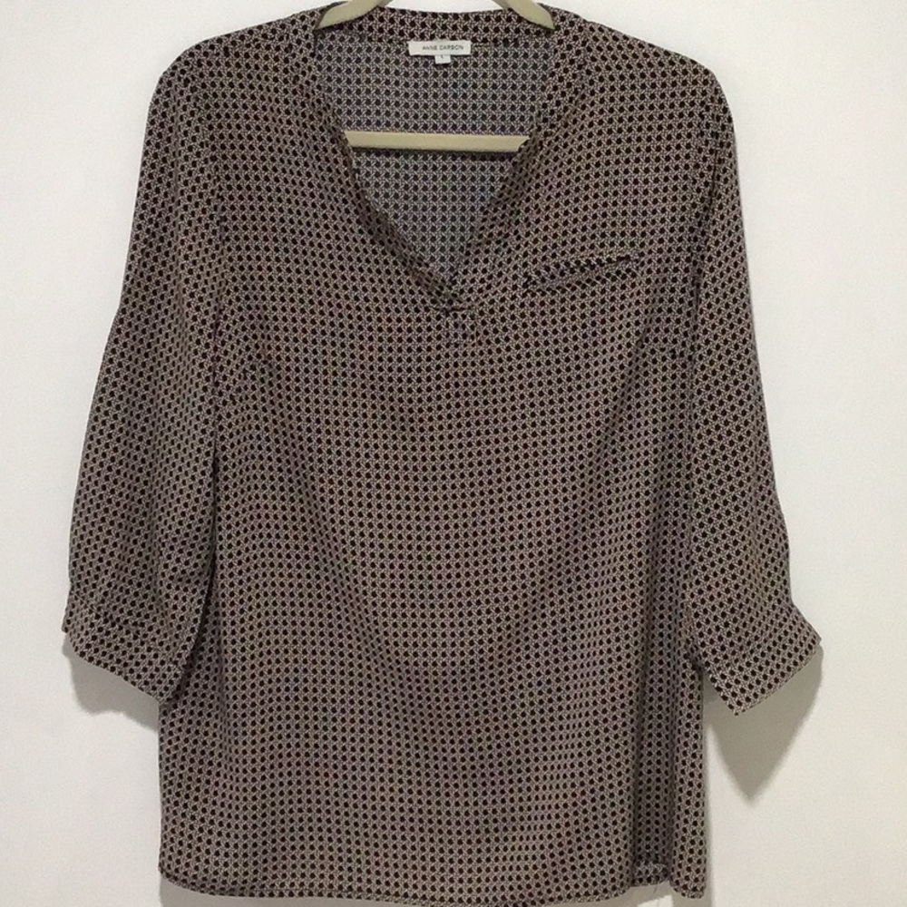 Anne‎ Carson Lightweight Long-Sleeve Rayon Blouse, Brown & Tan Print, Size Large